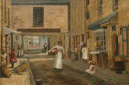 A detailed view of the north end of Tamar street, showing a girl in a red pinafore making a purchase from an open shop front to the left, a small child sitting on the kerb to the right in front of another open shop front, and a woman in white with a basket under her arm in the middle of the street. In the background, two women converse on the left, a woman stands in the doorway of a house on the right, speaking to another girl, with two small children on the pavement behind her, and a man stands under the arch spanning the street. A single window of the Passage House Inn overlooks the street, with the Inn's signboard below it.