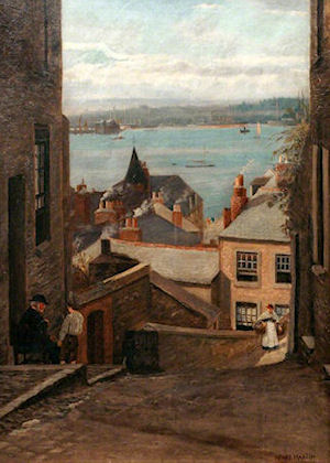 The view from the top of Silver Street looks down over the jumbled roofs and smoking chimneys of old Waterside and across the Tamar to the far shore. An old bearded man in a hat converses with a boy in shirt and breeches on the stepped footpath to the left, and a woman in a shawl with a basket under her arm leans against the wall separating the street from the lower footpath.