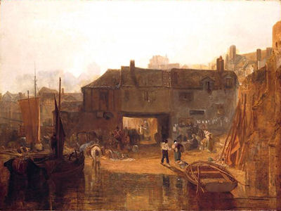 focussed on the old Passage House Inn, with its upper storey arching over the end of Tamar Street, the painting also shows a sailboat and a rowboat grounded in shallow water at the slipway, with various human and animal figures both in front of the Inn and in the part of Tamar Street visible through the archway.