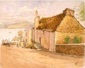 the plain end wall and whitewashed front of Mary Newman's cottage, together with the front of the adjoining cottage, are sketched as seen from slightly uphill and across the road, with the Tamar and the Devon shore visible in the background.